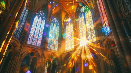 Fototapeta premium Majestic cathedral adorned with alchemical symbols that seem to dance in the light, stained glass windows casting colorful reflections