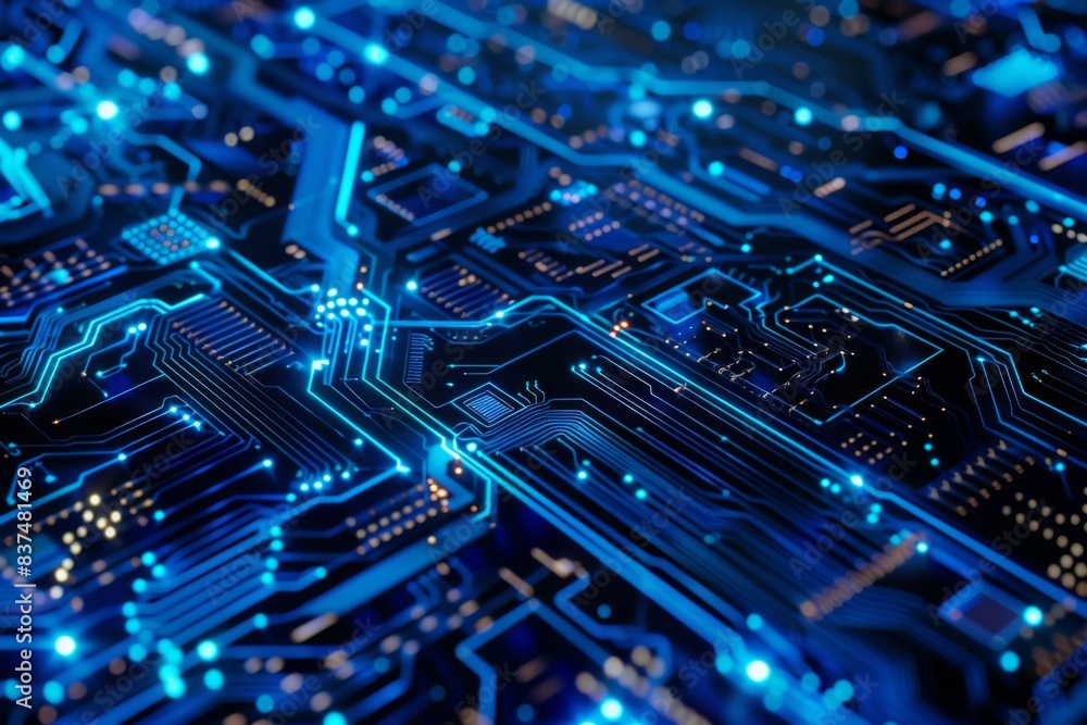 Poster a close up of a computer chip with many blue and black lines
