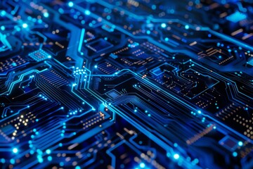 A close up of a computer chip with many blue and black lines