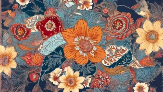 patchwork floral pattern with paisley and flower motifs, motion