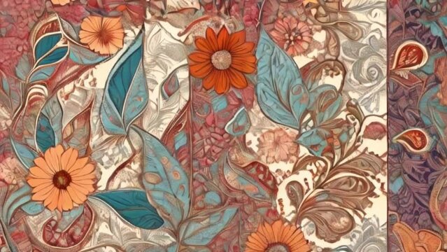 patchwork floral pattern with paisley motifs, motion