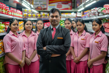 Photography of India professional supermarket service staff, stocker and cashier in grocery store.