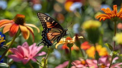 Obraz premium Butterfly Resting on Daisies in Sunlight