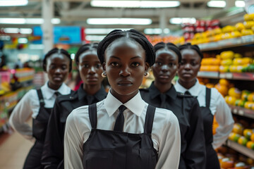 Photography of South Africa professional supermarket service staff, stocker and cashier in grocery store.