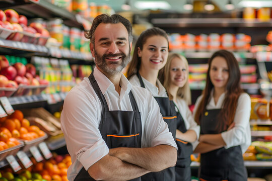 Photography of Spain professional supermarket service staff, stocker and cashier in grocery store.