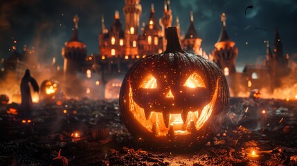 Mysterious smiling pumpkin head, casting a formidable shadow, near a dark Halloween castle with spooky lights and ghostly figures