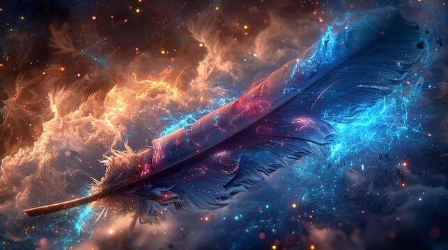 Mystical paper floating in midair with swirling blue and purple flames, a soft feather nearby, exuding an enchanted aura