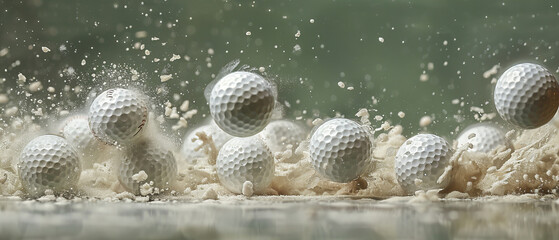 Golf balls in flight after being hit by a baseball bat, motion captured in high detail