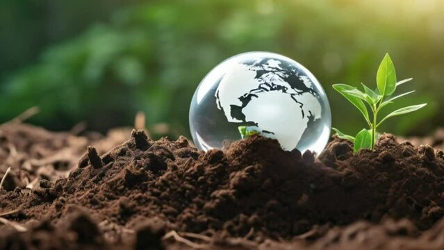 a small globe sitting on top of a pile of dirt, trending on shutterstock, istock, stock art, best on adobe stock, environmental, plants environment, istockphoto, planet earth background,