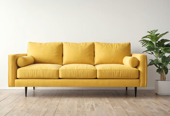 Fototapeta premium yellow sofa with copy space blank white wall copy space