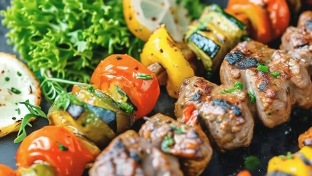 a close up of a skewer of meat and vegetables, kebab, hd food photography, skewer, meat texture, istockphoto, high quality stock picture, alamy stock photo