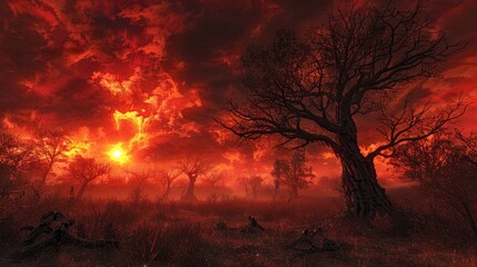 Fototapeta premium Necromancer's field, eerie and mysterious, with twisted trees and skeletal remains scattered, under a blood-red sky with ominous dark clouds