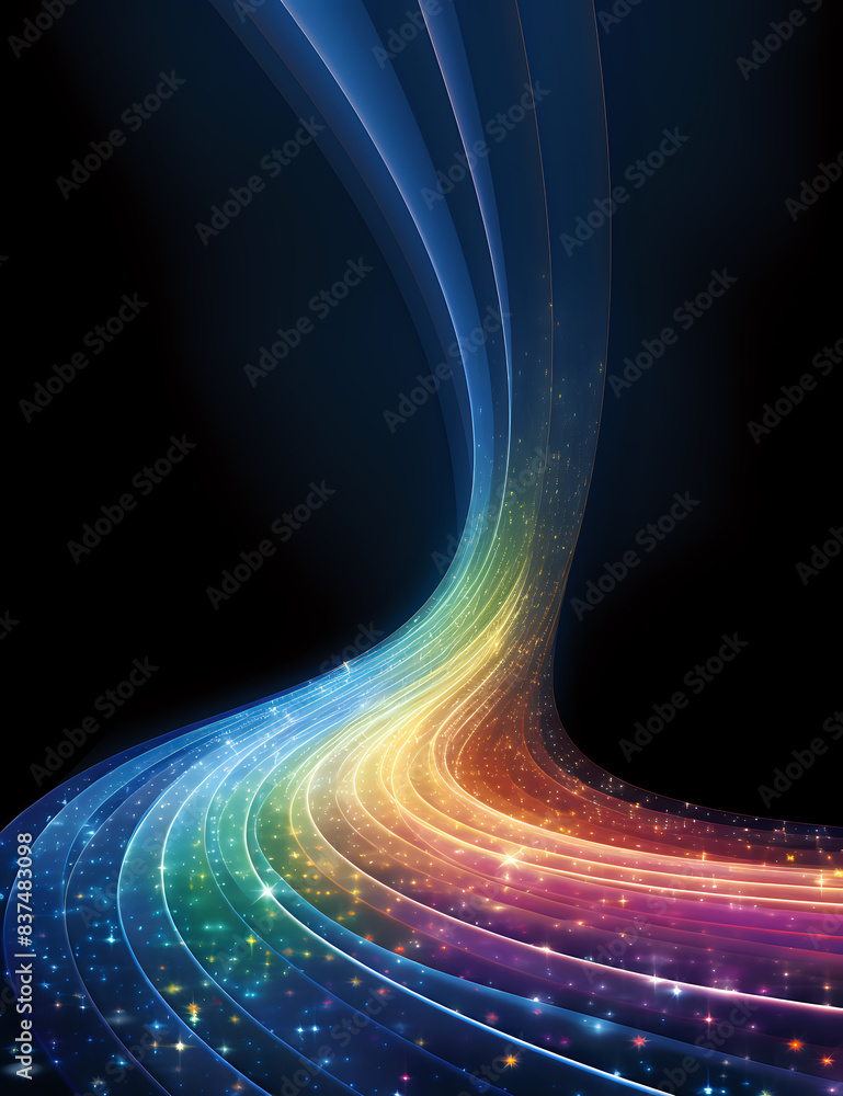 Poster abstract flowing lines of vibrant colors against a black background, creating a dynamic and futurist