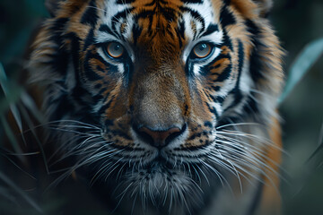 Naklejka premium Close-up of a majestic tiger with piercing eyes, surrounded by lush greenery, capturing the essence of wildlife and natural beauty, perfect for animal and nature-themed projects.