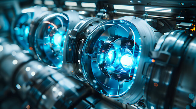 Close-up of futuristic energy reactors with glowing blue cores. Perfect for high-tech, science fiction concepts, and innovative technology projects. Ideal for presentations, backgrounds, and creative 