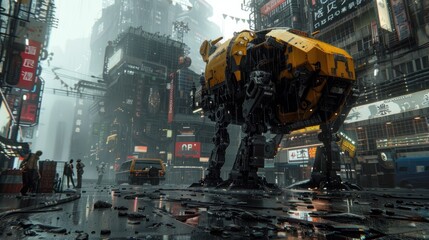 modern robots in a dark cyberpunk city, AI generated image