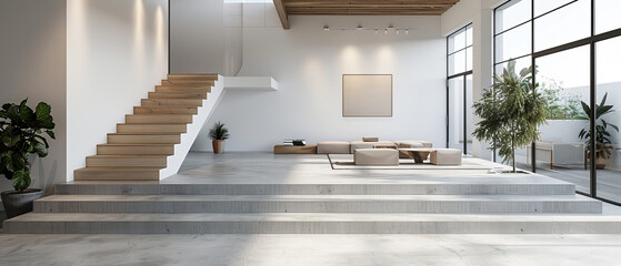 Fototapeta premium Hyperrealistic view of a modern minimalist interior with beton concrete floor, contemporary furniture, white walls, and wooden staircase, studio lights