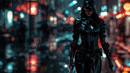 Fototapeta premium Female assassin wearing technological armor, cyberpunk city street background, AI generated image