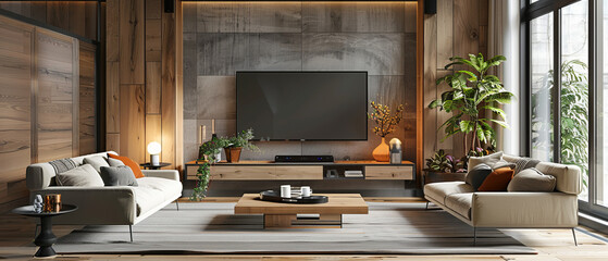 Large poster in a modern living room with light wood and gray color scheme
