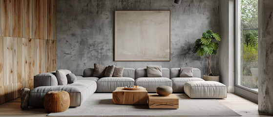 Light wood and gray themed minimalist living room with a large poster