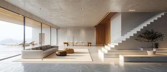 Minimalist interior featuring nonreflecting beton concrete floor, stylish furniture, white walls, wooden staircase, and studio lights