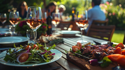 Backyard afternoon snack table with grilled BBQ meat. salads, wine, outdoor dining, festive atmosphere, and joyful people in background