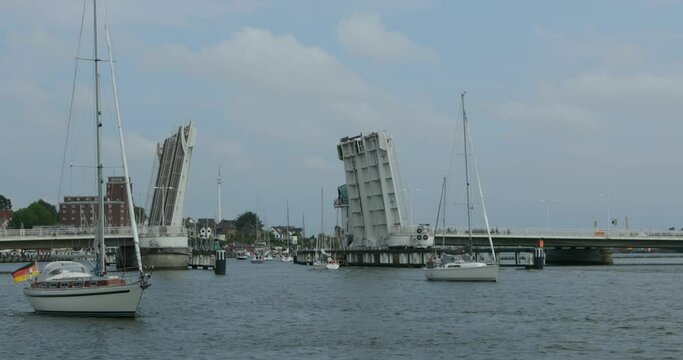 Bascule bridge, sailing boats, harbour, Kappeln, Schlei, Schleswig-Holstein, Germany, Europe