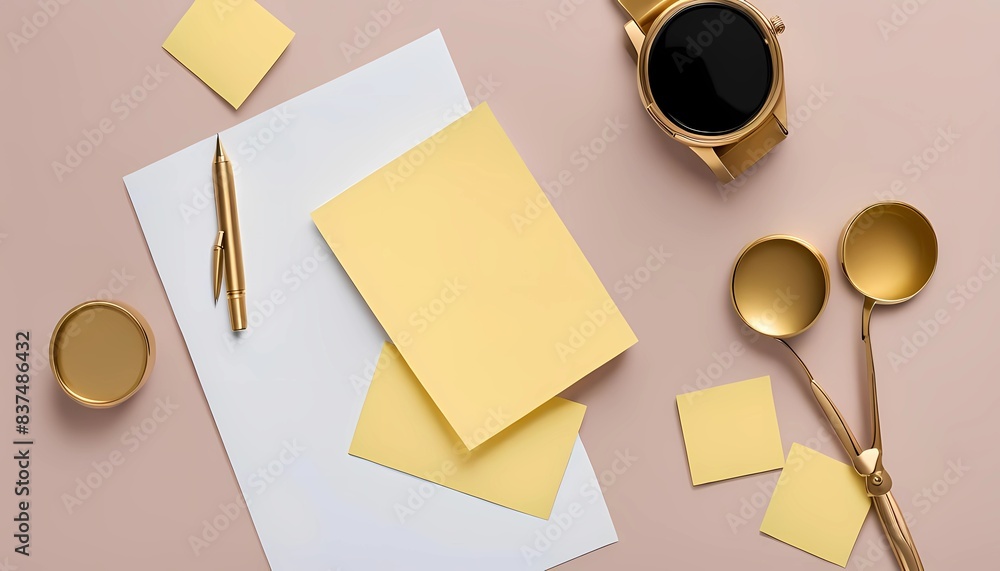 Wall mural Flat lay still life of a gold pocket wach and a stack of blank sticky notes.