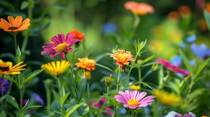 Fototapeta premium a colorful array of flowers, including purple, pink, yellow, orange, and blue blooms, arranged in a row from left to right
