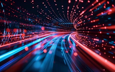 Obraz premium speed light line motion blur on dark background, data transfer simulation, very beautiful blue to red lights