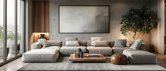 Minimalist urban living room with light wood and gray tones featuring a large poster