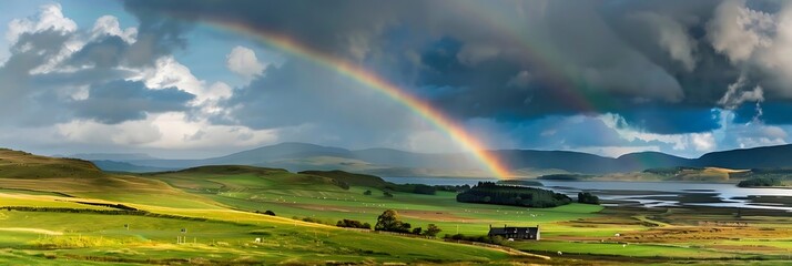 a stunning rainbow illuminates the blue sky above a lush green landscape, with a lone tree standing tall in the foreground