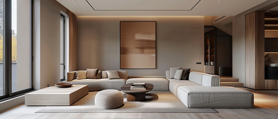 Modern sparse living room with a large poster on the wall, neutral gray and light wood finishes