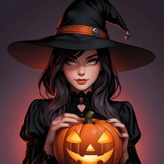 Halloween witch with pumpkin. Vector illustration. Generative AI