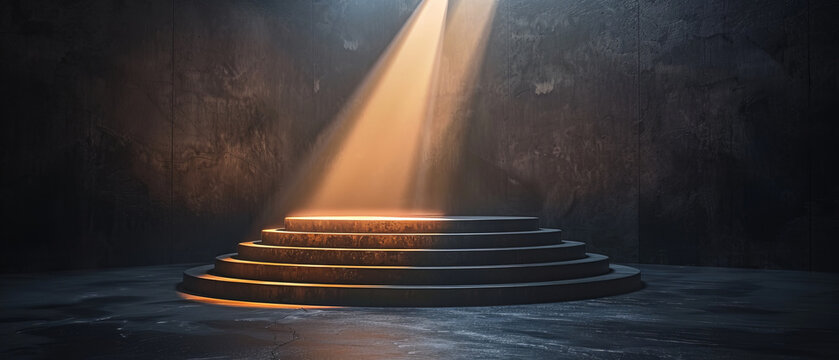 Podium in a dark room with a spotlight highlighting the showcase item