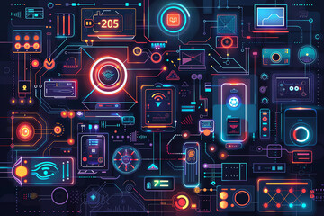 AI interface for smart home control, integrated devices, home automation, top view, illustrating interconnected systems, digital tone, Triadic color scheme.