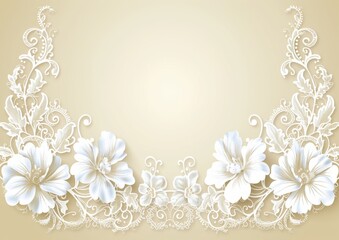 Elegant Vintage Floral Lacy Frame with White Flowers on Beige Background - Perfect for Invitations, Cards, and Decorative Design