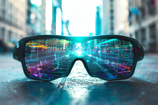 Augmented reality glasses overlaying digital information, urban navigation, smart city, front view, showcasing advanced technology, digital tone, vivid color scheme.