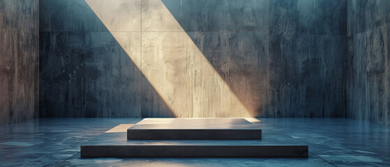 Sharp focus on a single podium in a gallery with dramatic lighting
