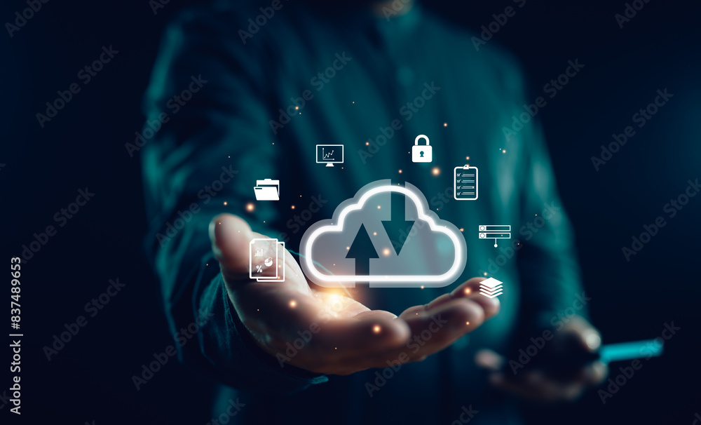 Aufkleber Businessman with cloud computing diagram show on virtual screen. Cloud technology. Data storage. Networking and internet service concept.