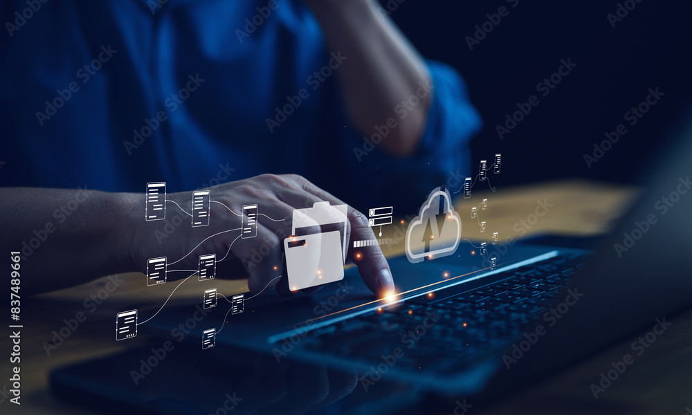 Aufkleber Businessman use Laptop with cloud computing diagram show on virtual screen. Cloud technology. Data storage. Networking and internet service concept.