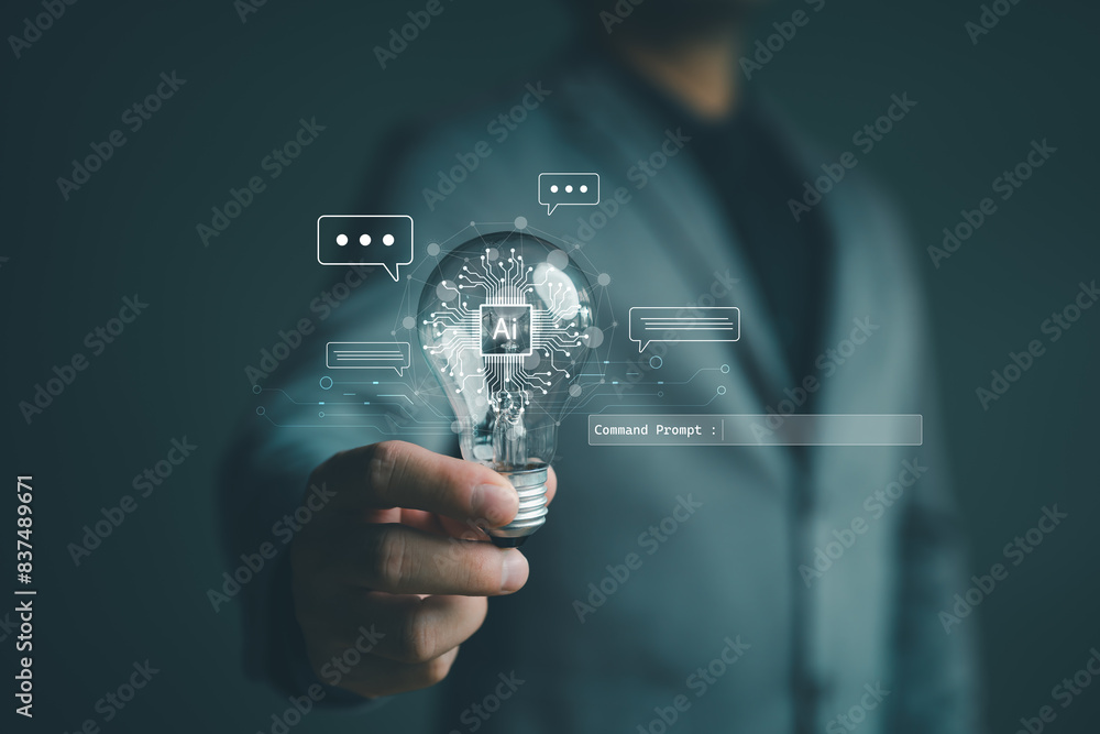 Poster Ai technology, Artificial Intelligence. man using technology smart robot AI, artificial intelligence by enter command prompt for generates something, Futuristic technology transformation. Chat with AI