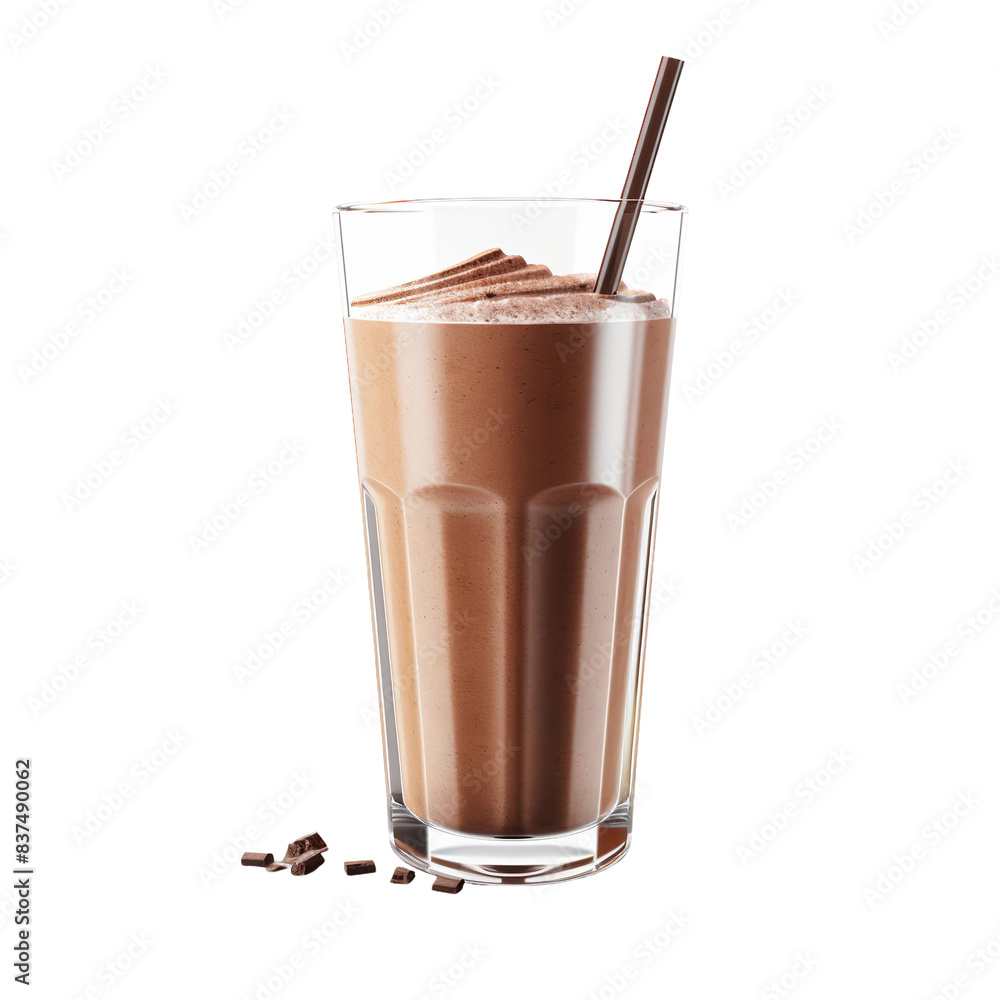 Wall mural filled glass of chocolate milkshake with a straw isolated on white background