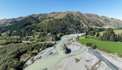 The Waiau Uwha river and farmland near Hanmer Springs, Culverden, Canterbury, New Zealand.