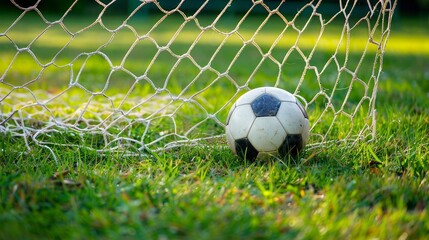 Soccer ball in goal net on the football field