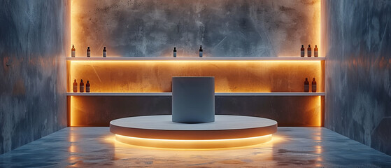 Spotlight on a sleek podium with a detailed product display
