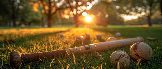 Sunset view of a baseball bat and golf balls in a park during summer