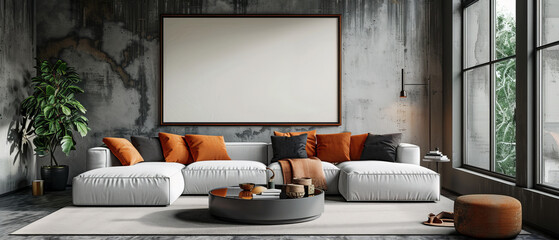 Urban minimalist living room with neutral gray walls and a large poster