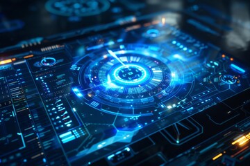 A blue and orange computer screen with a blue circle in the center