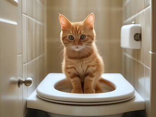 A small orange tabby cat sitting on an open toilet in a bathroom, happily - generated by ai